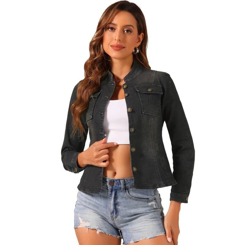 アレグラ ケー レディース アウター 上衣・上衣 ジーンズ ALLEGRA K Casual Denim Jacket for Women\u0027s Classic Stand Collar Long Sleeve Jean Jackets Black 黒いこと