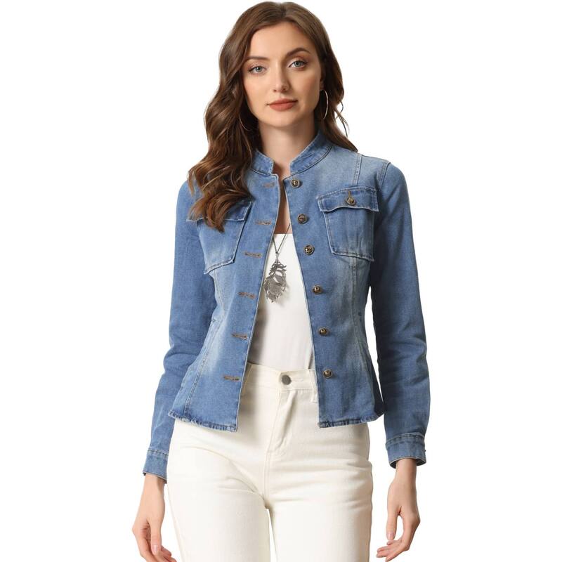 アレグラ ケー レディース アウター 上衣・上衣 ジーンズ ALLEGRA K Casual Denim Jacket for Women\u0027s Classic Stand Collar Long Sleeve Jean Jackets Blue 青み