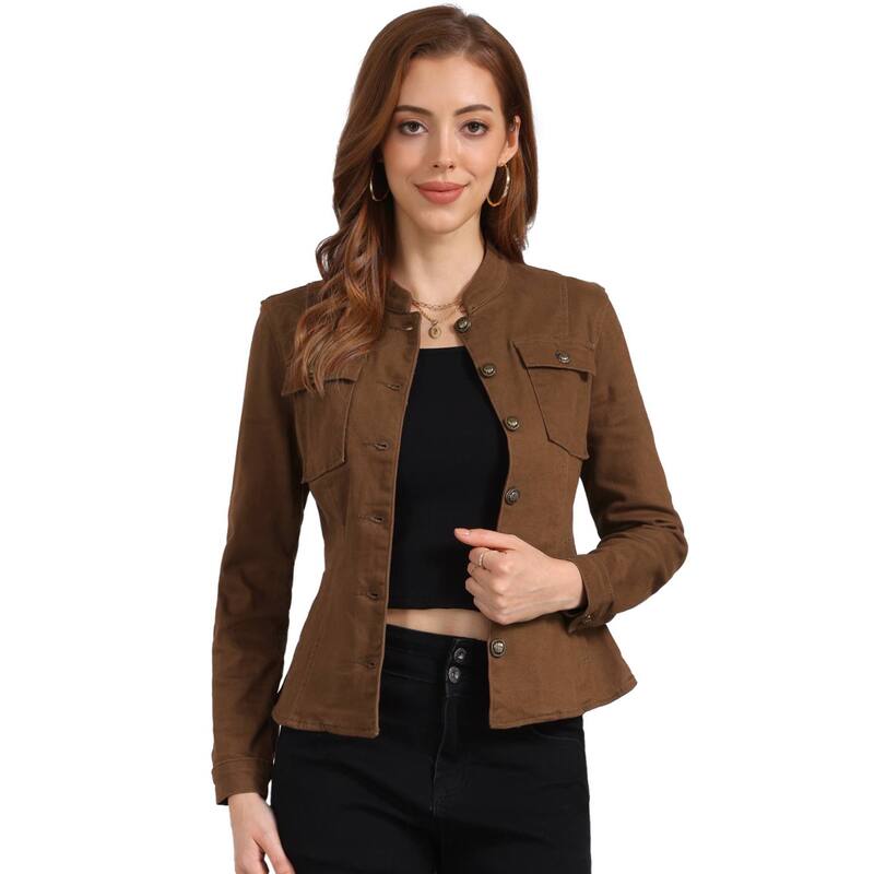 アレグラ ケー レディース アウター 上衣・上衣 ジーンズ ALLEGRA K Casual Denim Jacket for Women\u0027s Classic Stand Collar Long Sleeve Jean Jackets Brown 赤銅色