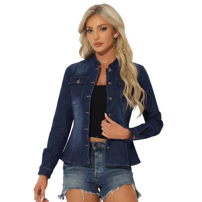 アレグラ ケー レディース アウター 上衣・上衣 ジーンズ ALLEGRA K Casual Denim Jacket for Women\u0027s Classic Stand Collar Long Sleeve Jean Jackets Dark Blue 青み