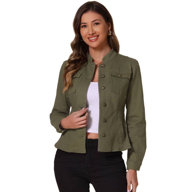 アレグラ ケー レディース アウター 上衣・上衣 ジーンズ ALLEGRA K Casual Denim Jacket for Women\u0027s Classic Stand Collar Long Sleeve Jean Jackets Green 緑であること