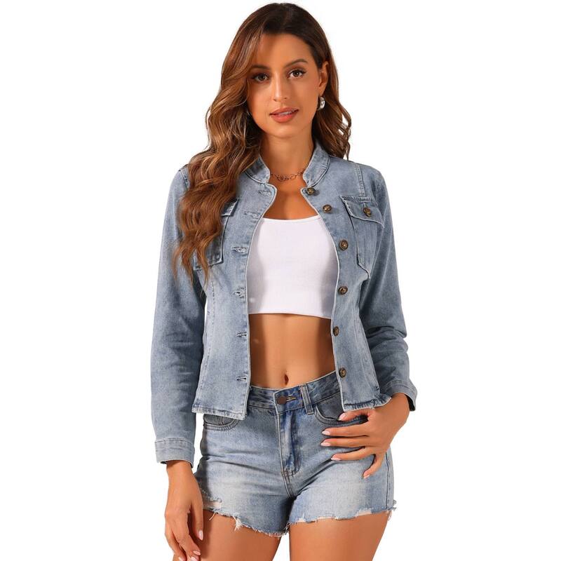 アレグラ ケー レディース アウター 上衣・上衣 ジーンズ ALLEGRA K Casual Denim Jacket for Women\u0027s Classic Stand Collar Long Sleeve Jean Jackets Grey Blue 薄墨色