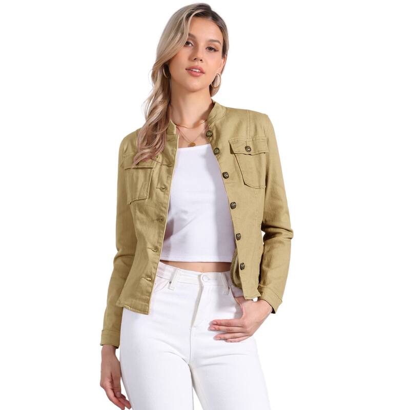 アレグラ ケー レディース アウター 上衣・上衣 ジーンズ ALLEGRA K Casual Denim Jacket for Women\u0027s Classic Stand Collar Long Sleeve Jean Jackets Khaki カーキ
