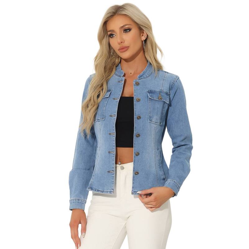 アレグラ ケー レディース アウター 上衣・上衣 ジーンズ ALLEGRA K Casual Denim Jacket for Women\u0027s Classic Stand Collar Long Sleeve Jean Jackets Light Blue 青み