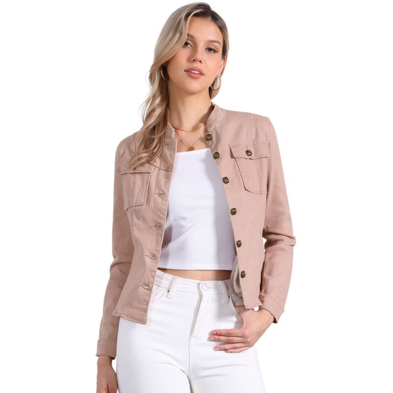 アレグラ ケー レディース アウター 上衣・上衣 ジーンズ ALLEGRA K Casual Denim Jacket for Women\u0027s Classic Stand Collar Long Sleeve Jean Jackets Pink サクラ色