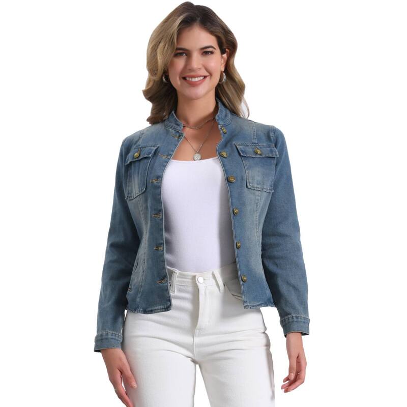 アレグラ ケー レディース アウター 上衣・上衣 ジーンズ ALLEGRA K Casual Denim Jacket for Women\u0027s Classic Stand Collar Long Sleeve Jean Jackets Vintage Blue 青み