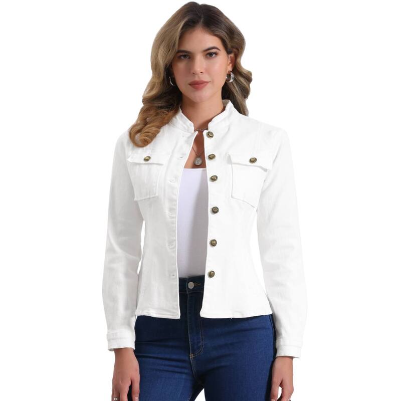 アレグラ ケー レディース アウター 上衣・上衣 ジーンズ ALLEGRA K Casual Denim Jacket for Women\u0027s Classic Stand Collar Long Sleeve Jean Jackets White 白いこと