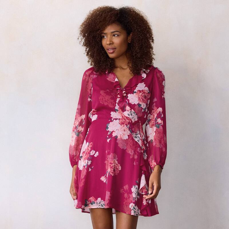 LC Lauren Conrad レディース トップス ワンピース プチ フリル ミニ Petite LC Lauren Conrad Long Sleeve Cascade Ruffle Mini Dress Berry Spaced Camilla
