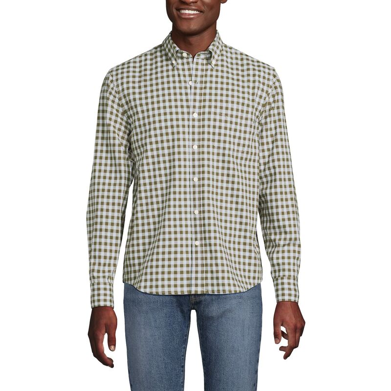 ランズエンド メンズ トップス Tシャツ Men's Lands' End Long Sleeve Pattern Poplin Shirt Olive Drab Gingham オリーブ