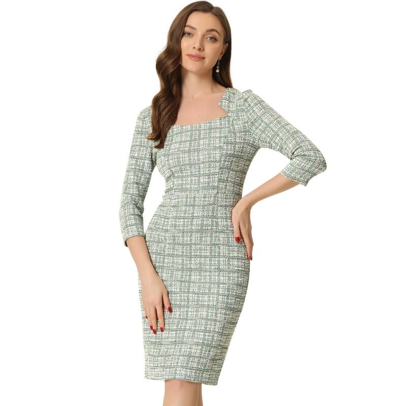 アレグラ ケー レディース トップス ワンピース ツイード ALLEGRA K Elegant Work Dress for Women 3/4 Sleeve Plaid Tweed Bodycon Dress Green グリーン