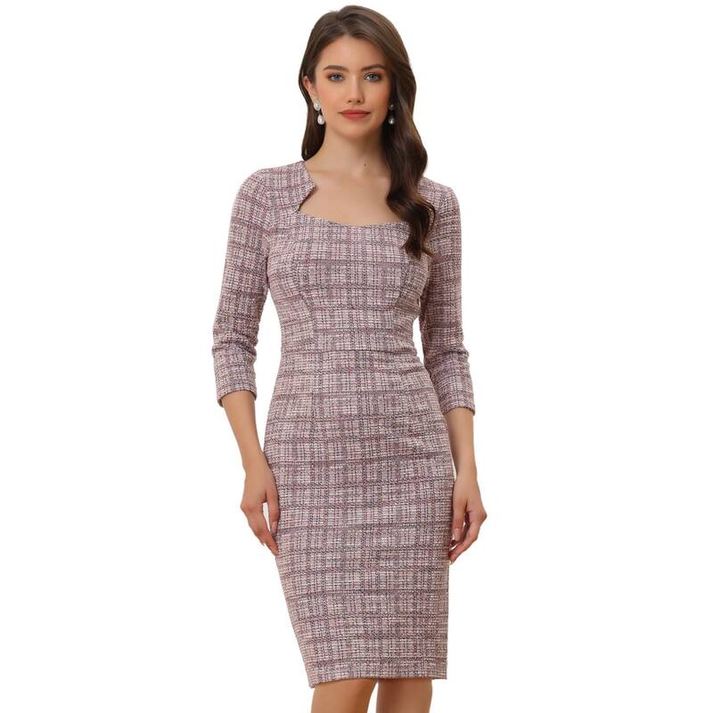 アレグラ ケー レディース トップス ワンピース ツイード ALLEGRA K Elegant Work Dress for Women 3/4 Sleeve Plaid Tweed Bodycon Dress Pink ピンク|ReVida 店