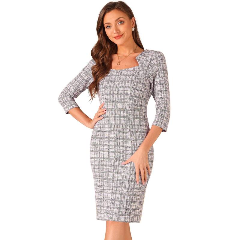 アレグラ ケー レディース トップス ワンピース ツイード ALLEGRA K Elegant Work Dress for Women 3/4 Sleeve Plaid Tweed Bodycon Dress Purple White ホワイト