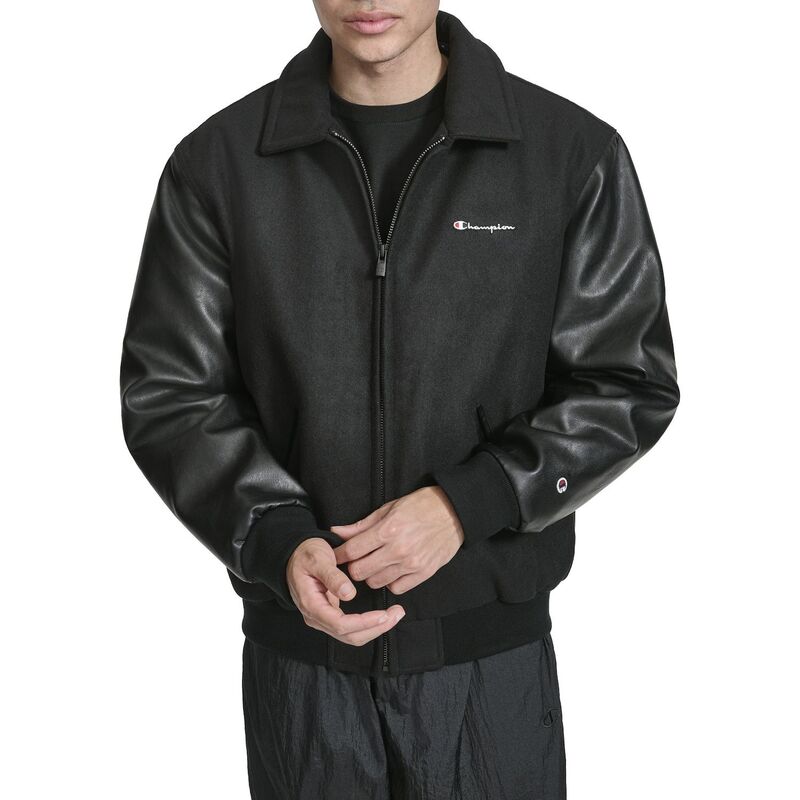 チャンピオン メンズ アウター ジャケット・ブルゾン レザー フェイクレザー Men's Champion Letterman Varsity Bomber with Faux Leather Sleeves Black ブラック