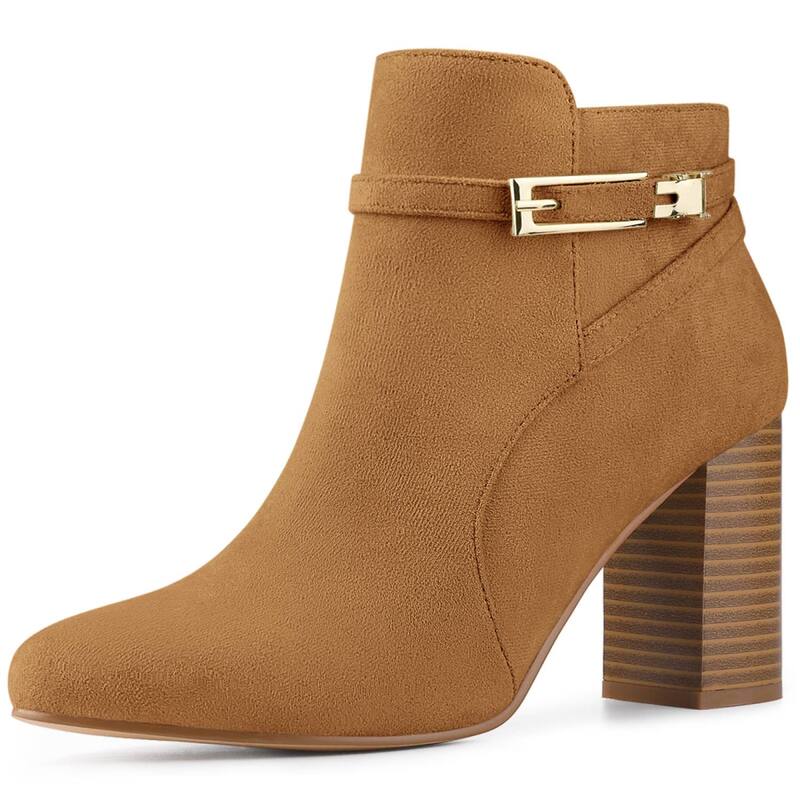 アレグラ ケー レディース シューズ ブーツ・レインブーツ アンクル ヒール ALLEGRA K Women's Round Toe Buckle Chunky Heels Ankle Boots Brown ブラウン|ReVida 店