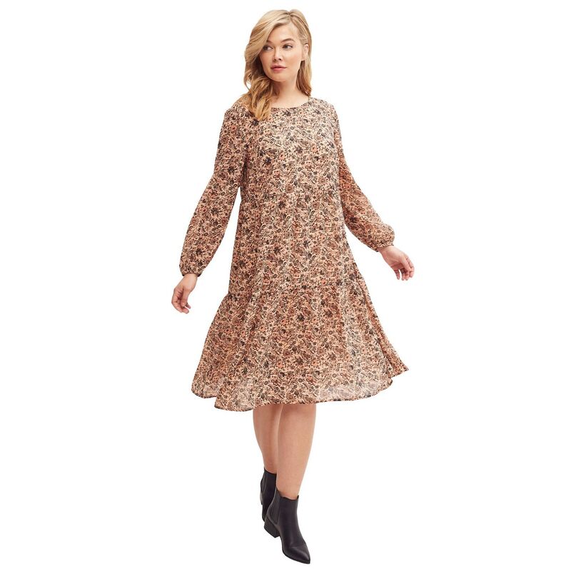 Ellos レディース トップス ワンピース ティアード プラスサイズ オーバーレイ シアー ellos Plusize Sheer Overlay Tieredress Antique Blush Floral ブラッシュ