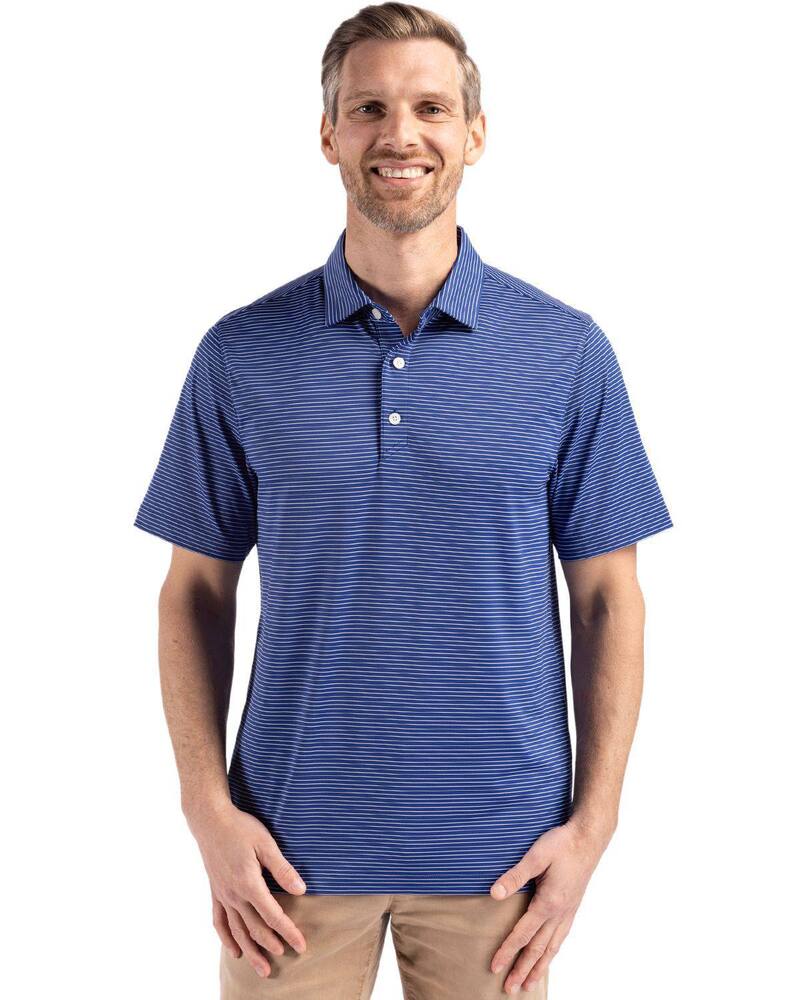 カッターアンドバック メンズ トップス Tシャツ ポロシャツ Cutter & Buck Forge Fine Line Stripe Stretch Recycled Mens Polo Tour Blue White ホワイト｜ReVida 店