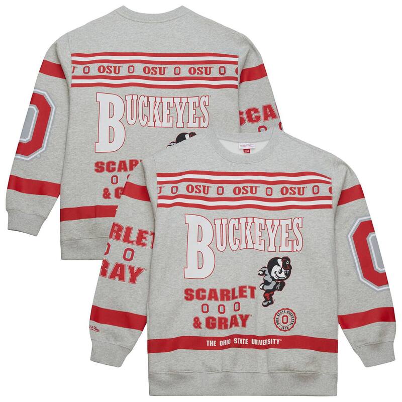 ミッチェル&ネス メンズ トップス Tシャツ プリント スウェット Men's Mitchell & Ness Heather Gray Ohio State Buckeyes All Over Print Sweatshirt Osu Grey グレー