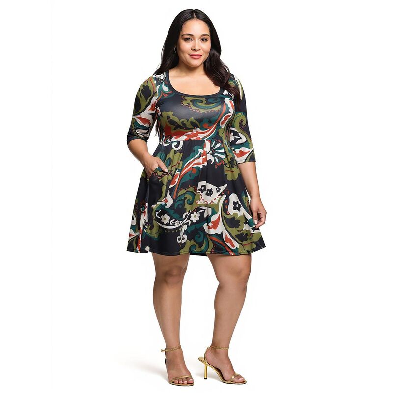 24 セブンコンフォート レディース トップス ワンピース プラスサイズ Plusize 24Seven Comfort Apparel Three Quarter Sleeve Fit & Flare Dress Green Multi グリーン｜ReVida 店