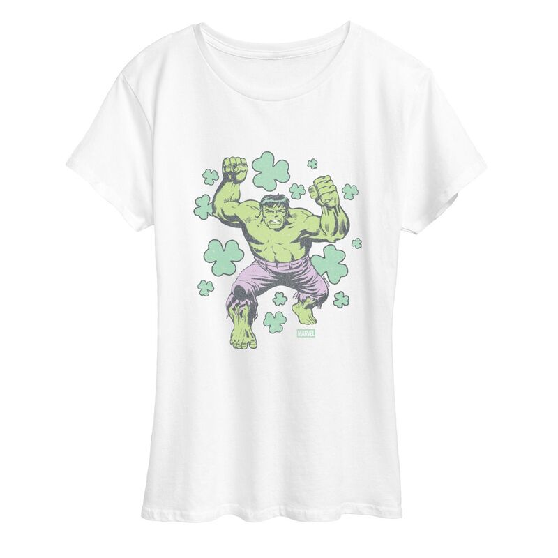 アニメキャラクター レディース トップス Tシャツ グラフィック Licensed Character Women's Marvel Hulk Shamrocks Distressed Graphic Tee White ホワイト