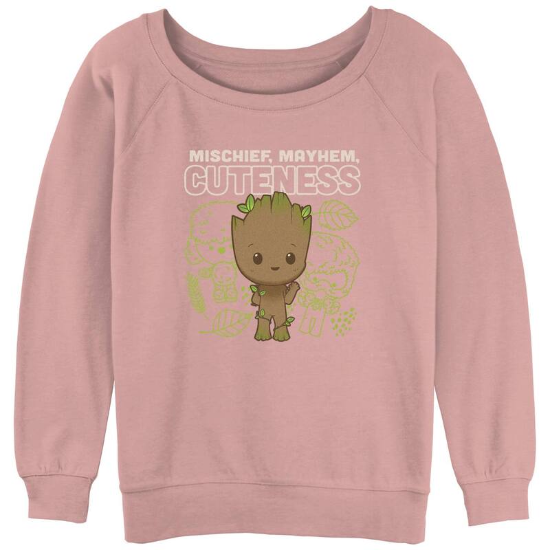 アニメキャラクター レディース トップス Tシャツ パイル スウェット グラフィック Licensed Character Juniors' Marvel Guardians of the Galaxy Groot "Mischief Mayhem Cuteness" Terry Graphic Sweatshirt Desert Pink ピンク｜ReVida 店