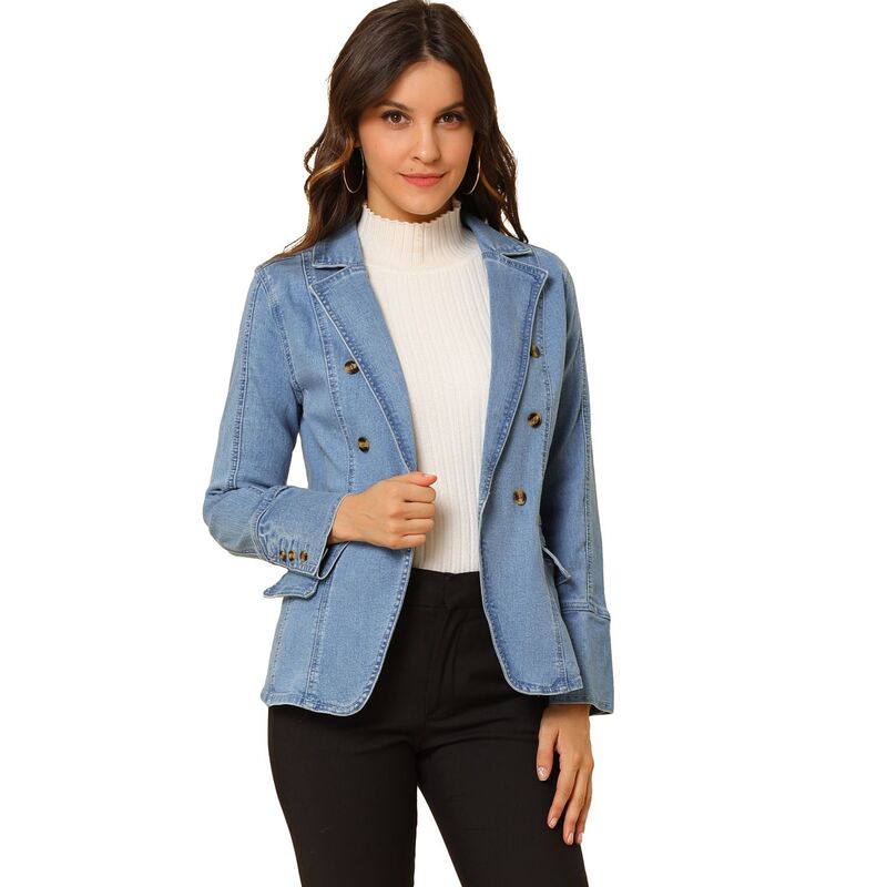 アレグラ ケー レディース アウター 上衣・上衣 ジーンズ ALLEGRA K Women\u0027s Notched Lapelong Sleeve Button Denim Jacket With Pockets Baby Blue 青み