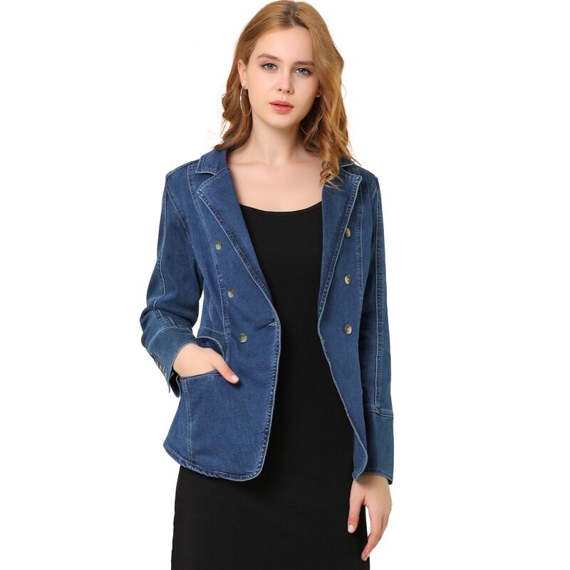 アレグラ ケー レディース アウター 上衣・上衣 ジーンズ ALLEGRA K Women\u0027s Notched Lapelong Sleeve Button Denim Jacket With Pockets Dark Blue 青み