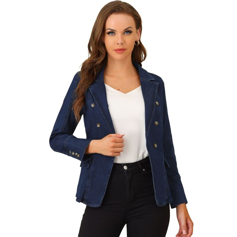 アレグラ ケー レディース アウター 上衣・上衣 ジーンズ ALLEGRA K Women\u0027s Notched Lapelong Sleeve Button Denim Jacket With Pockets Mid Blue 青み