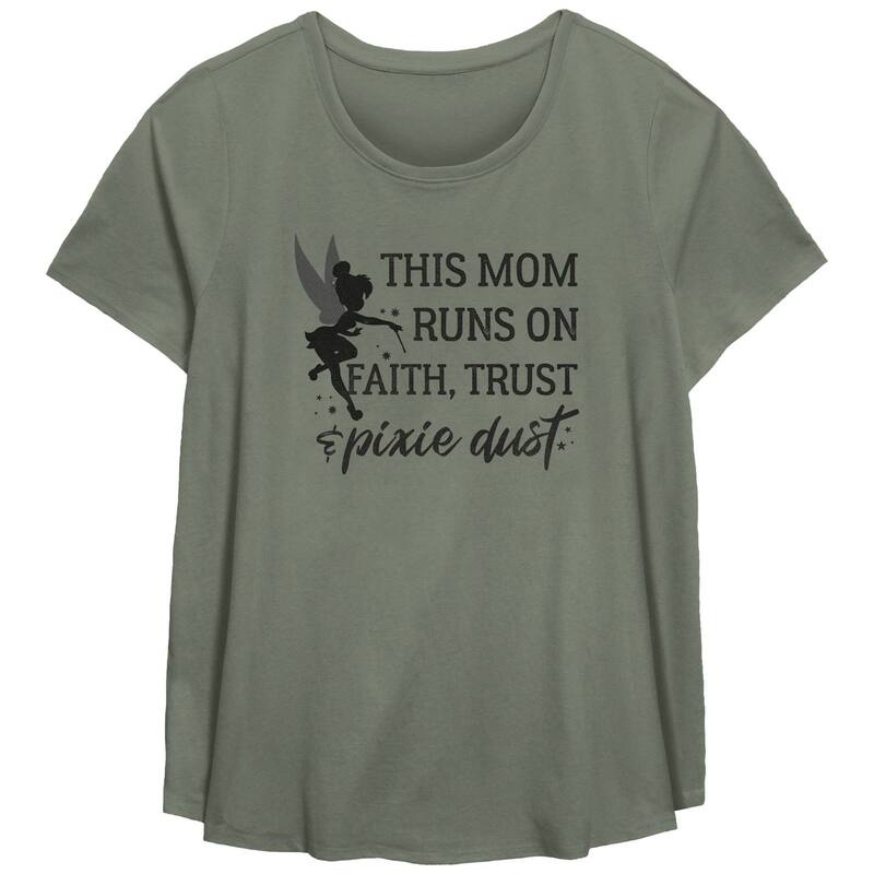 ディズニー レディース トップス Tシャツ プラスサイズ グラフィック Disney Tinker Bell Plusize This Mom Runs On Faith Trust And Pixie Dust Scoop Hem Flowy Graphic Tee Sage セージ