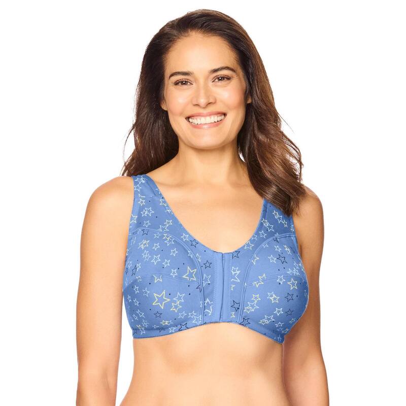コンフォート より分ける レディース アンダー御召しもの ブラ つけ加える大きさ 綿織物 Comfort Choice Women\u0027s Plusize Cotton Front-Close Wireless Bra French Blue Stars 青み