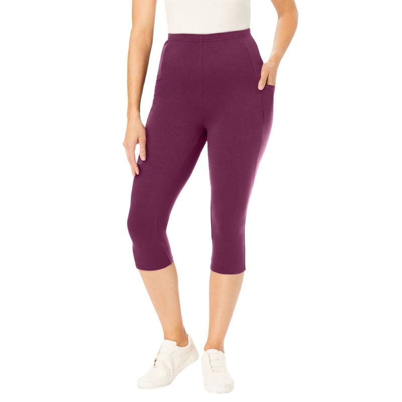 ウーマン ウィズイン レディース ボトムス カジュアルパンツ プラスサイズ プチ コットン キャップ レギンス ニット Woman Within Plusize Petite Stretch-Cotton Knit Pull-On Pocket Capri Leggings Deep Claret