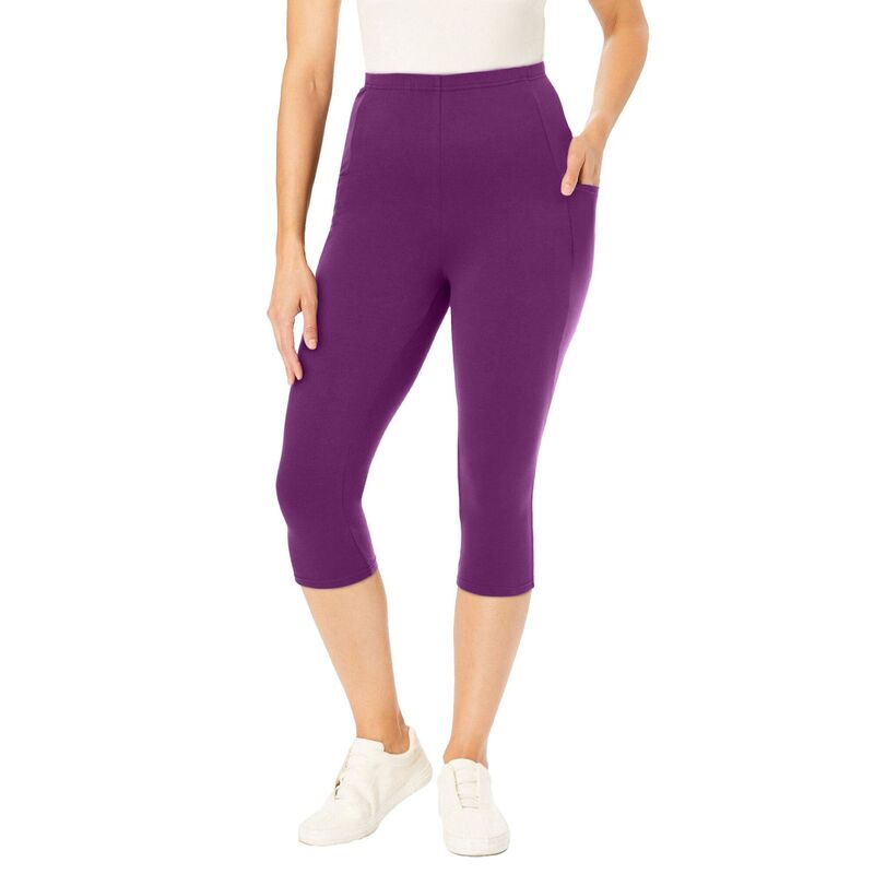 ウーマン ウィズイン レディース ボトムス カジュアルパンツ プラスサイズ プチ コットン キャップ レギンス ニット Woman Within Plusize Petite Stretch-Cotton Knit Pull-On Pocket Capri Leggings Plum Purple パープル
