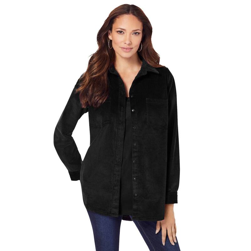 ロアマンズ レディース トップス シャツ コーデュロイ プラスサイズ Roaman's Women's Plusize Corduroy Button-Front Shirt Black ブラック