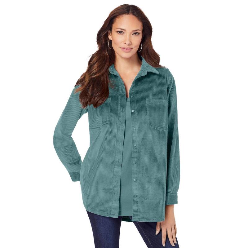 ロアマンズ レディース トップス シャツ コーデュロイ プラスサイズ Roaman's Women's Plusize Corduroy Button-Front Shirt Cool Sage セージ