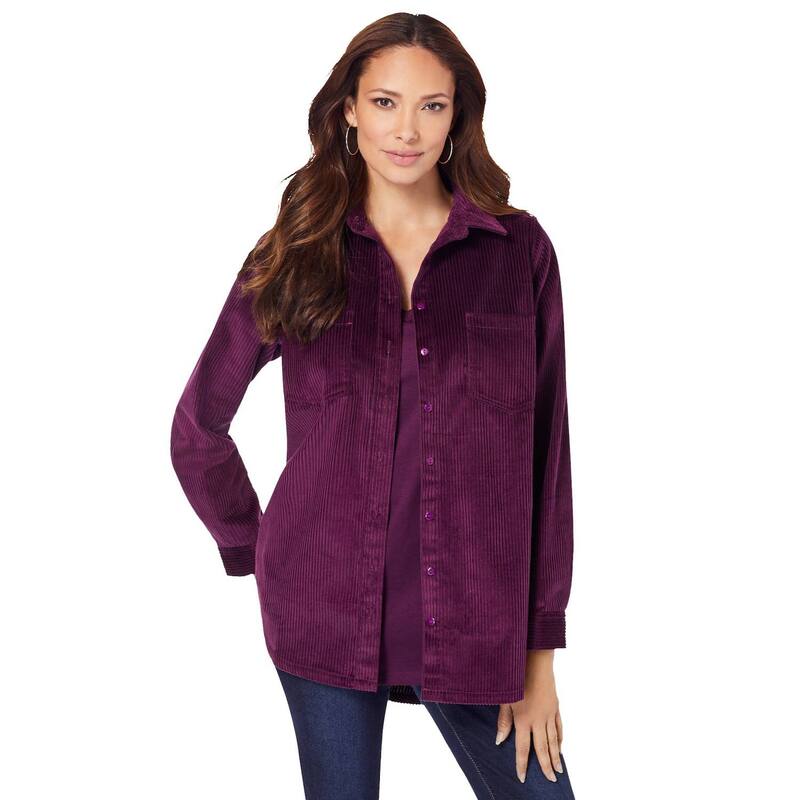 ロアマンズ レディース トップス シャツ コーデュロイ プラスサイズ Roaman's Women's Plusize Corduroy Button-Front Shirt Dark Berry