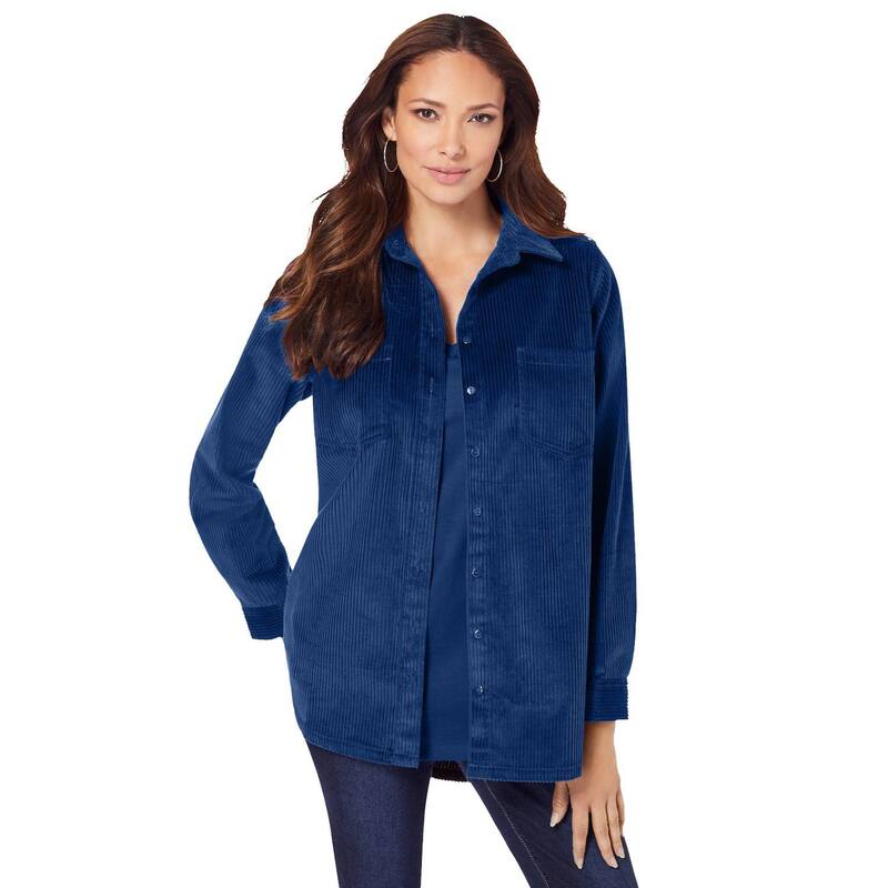 ロアマンズ レディース トップス シャツ コーデュロイ プラスサイズ Roaman's Women's Plusize Corduroy Button-Front Shirt Evening Blue ブルー