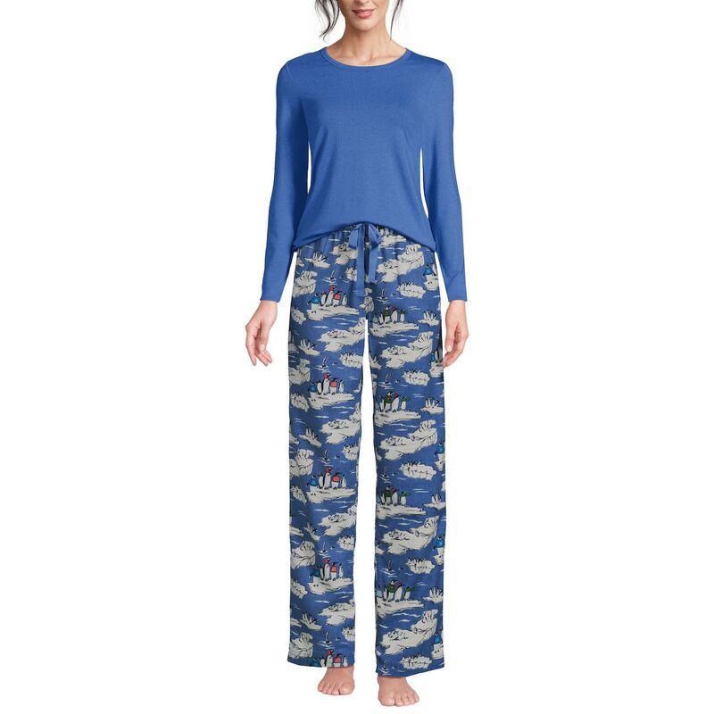 ランズエンド レディース アンダーウェア ナイトウェア パンツ Women's Lands' End Pajama Gift Long Sleeve Top & Flannel Pajama Pantset Blue Holiday Penguin ブルー