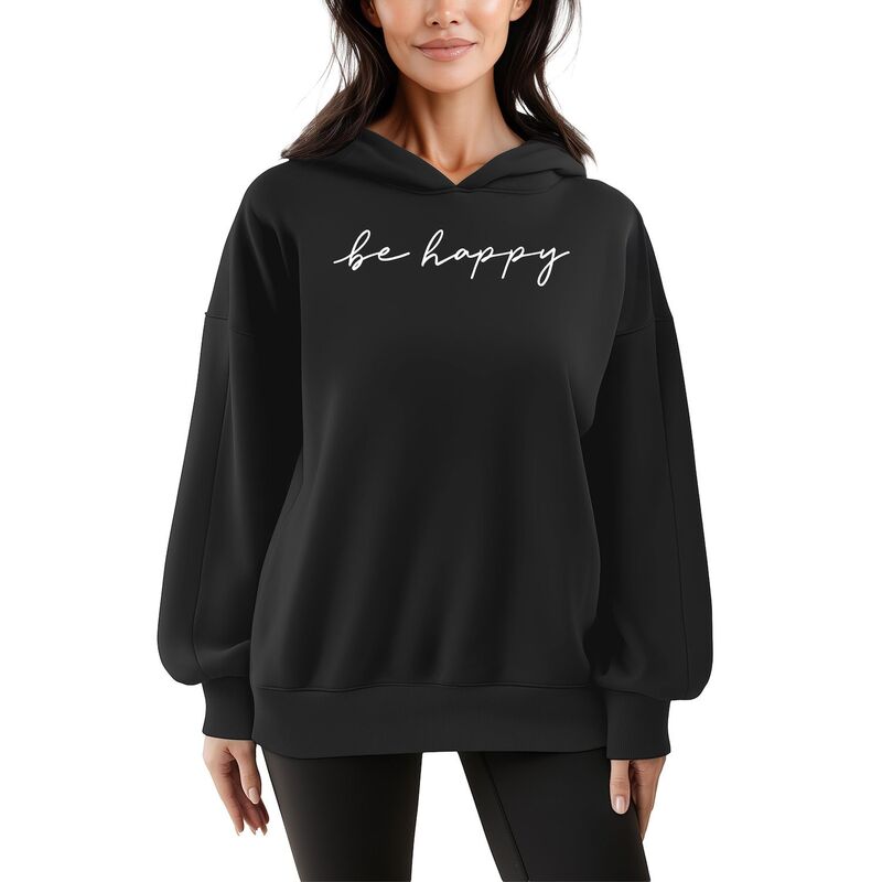 アニメキャラクター レディース トップス Tシャツ スウェット フリース パーカー Licensed Character Women's Be Happy Script Oversized Fleece Hoodie Sweatshirt Black ブラック