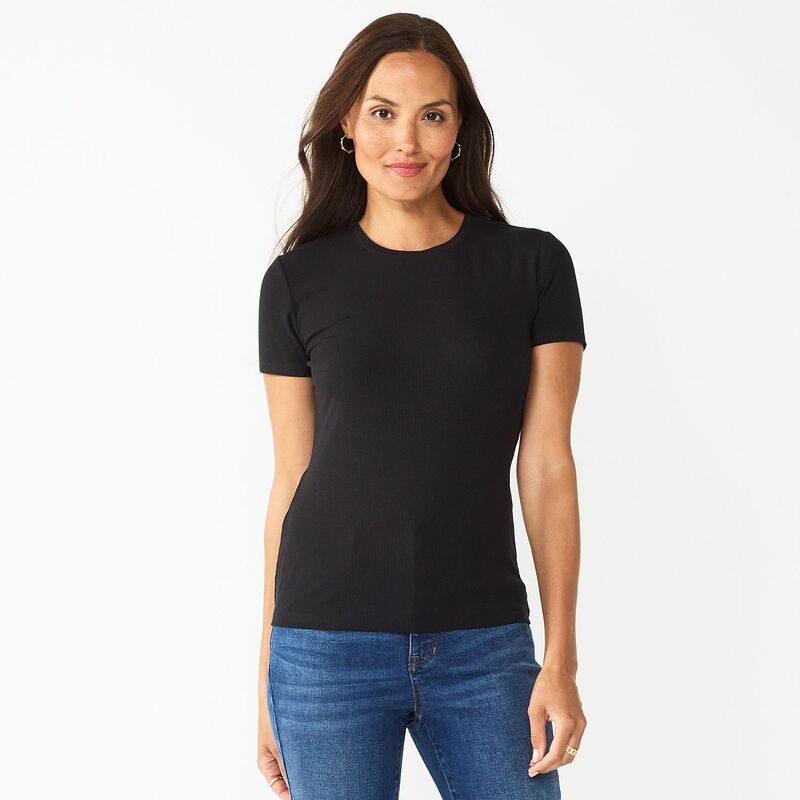 ナインウェスト レディース トップス Tシャツ クルーネック リブ Women's Nine West Fitted Ribbed Crewneck Top Mineral Black ブラック