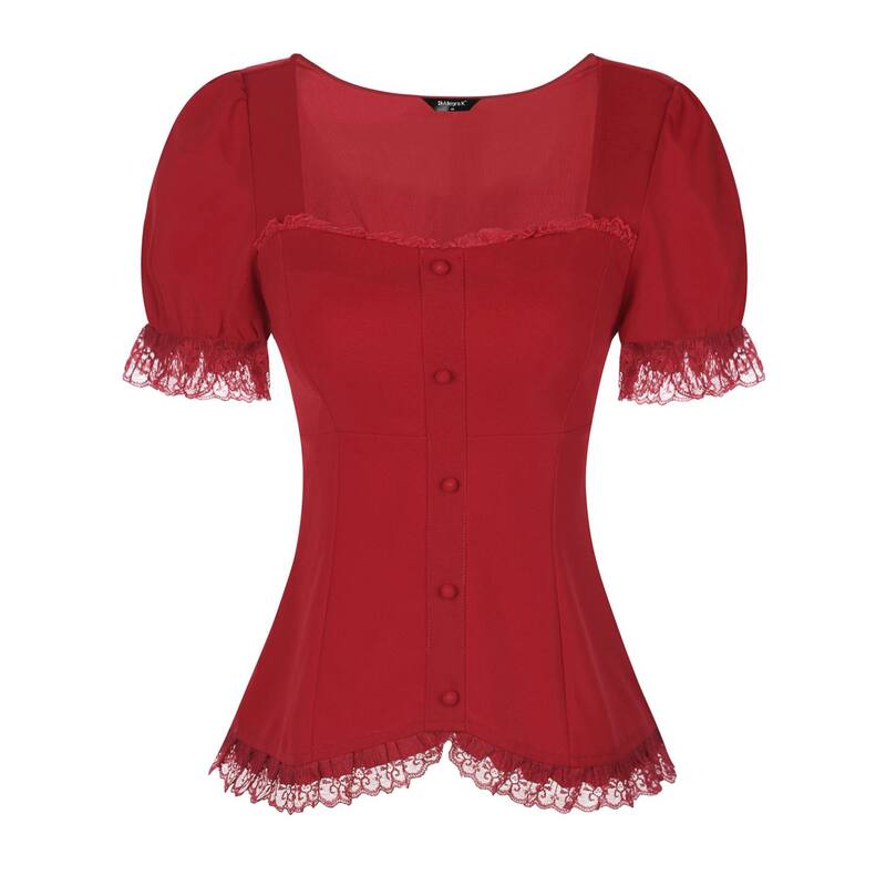 アレグラ ケー レディース トップス シャツ ブラウス レース ALLEGRA K Victorian Shirt For Women'sweetheart Neck Short Sleeve Lace Up Gothic Blouse Burgundy バーガンディ