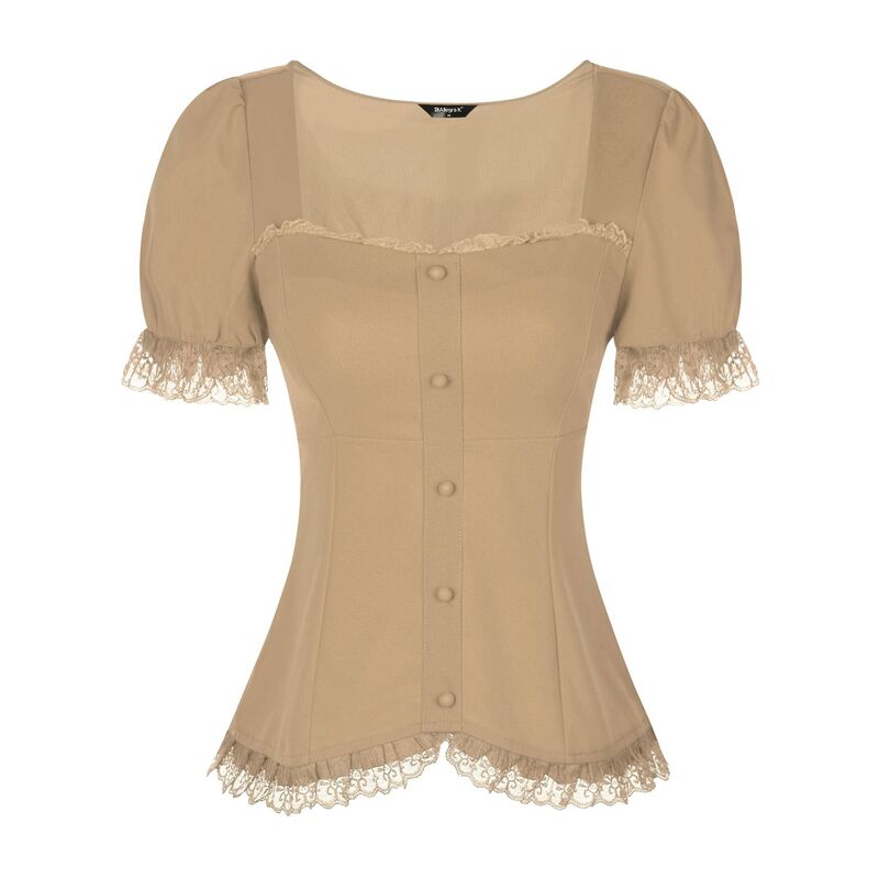 アレグラ ケー レディース トップス シャツ ブラウス レース ALLEGRA K Victorian Shirt For Women'sweetheart Neck Short Sleeve Lace Up Gothic Blouse Khaki カーキ