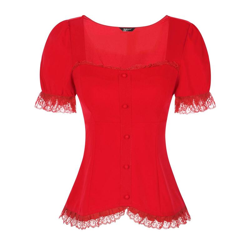 アレグラ ケー レディース トップス シャツ ブラウス レース ALLEGRA K Victorian Shirt For Women'sweetheart Neck Short Sleeve Lace Up Gothic Blouse Red レッド