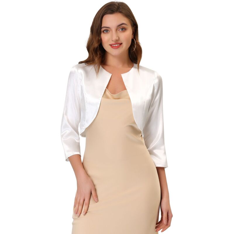 アレグラ ケー レディース トップス シャツ サテン カーディガン ALLEGRA K Women'satin Cardigan Elegant 3/4 Sleeve Solid Bolero Shrug Tops White ホワイト