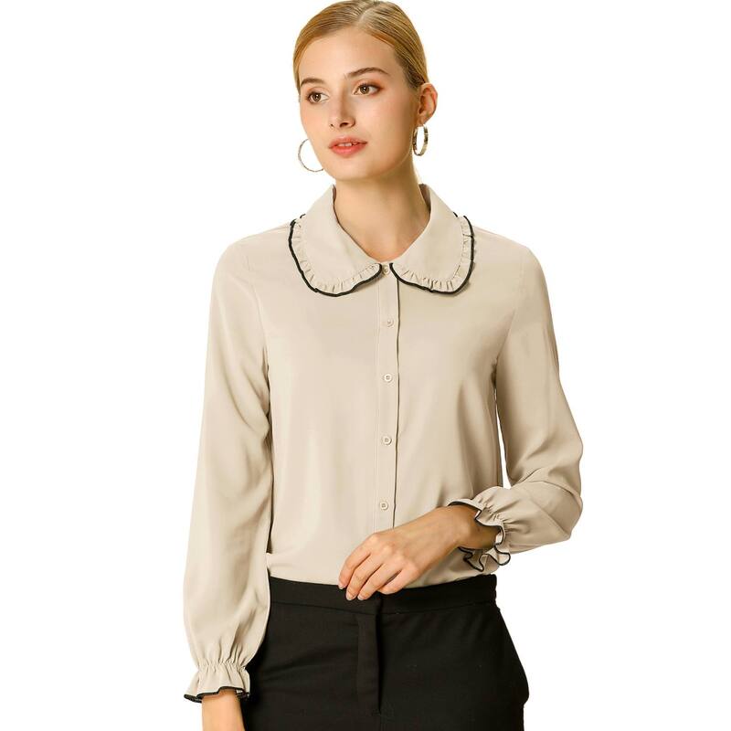 アレグラ ケー レディース トップス シャツ フリル ALLEGRA K Women'sweet Ruffle Peter Pan Collar Button up Work Shirts Apricot アプリコット