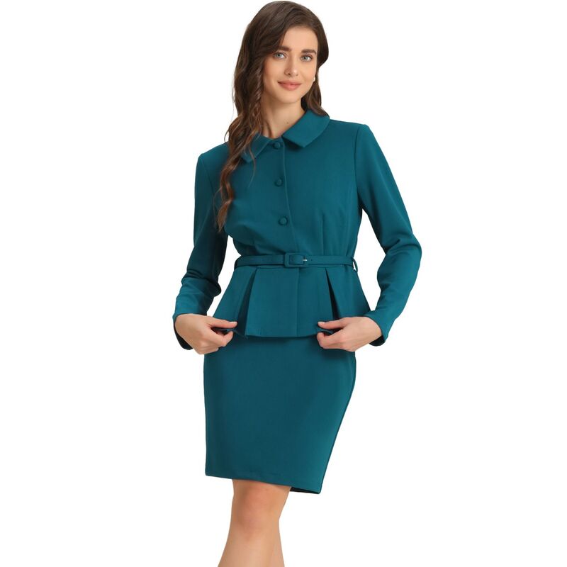 アレグラ ケー レディース アウター ジャケット・ブルゾン スカート ブレザー ALLEGRA K 2pcs Businessuits For Women's Peplum Blazer Jacket And Pencil Skirt Sets Blue Green ブルー|ReVida 店