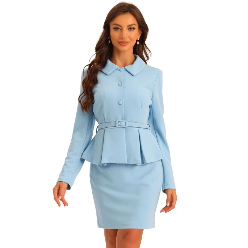 アレグラ ケー レディース アウター ジャケット・ブルゾン スカート ブレザー ALLEGRA K 2pcs Businessuits For Women's Peplum Blazer Jacket And Pencil Skirt Sets Light Blue ブルー｜ReVida 店
