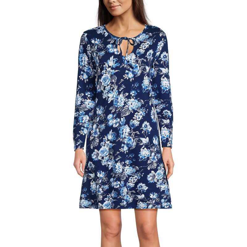 ランズエンド レディース アンダーウェア ナイトウェア コットン Women's Lands' End Cotton Interlock Long Sleeve Nightgownavy Linework Floral ネイビー