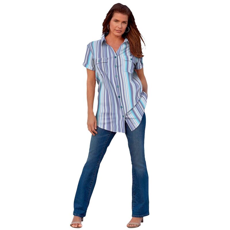 ロアマンズ レディース トップス ティーシャツ 付け加える大いさ Roaman\u0027s Women\u0027s Plusize Seersucker Shirt Blue Seersucker Stripe 青色 トップス-Tシャツ・カットソー