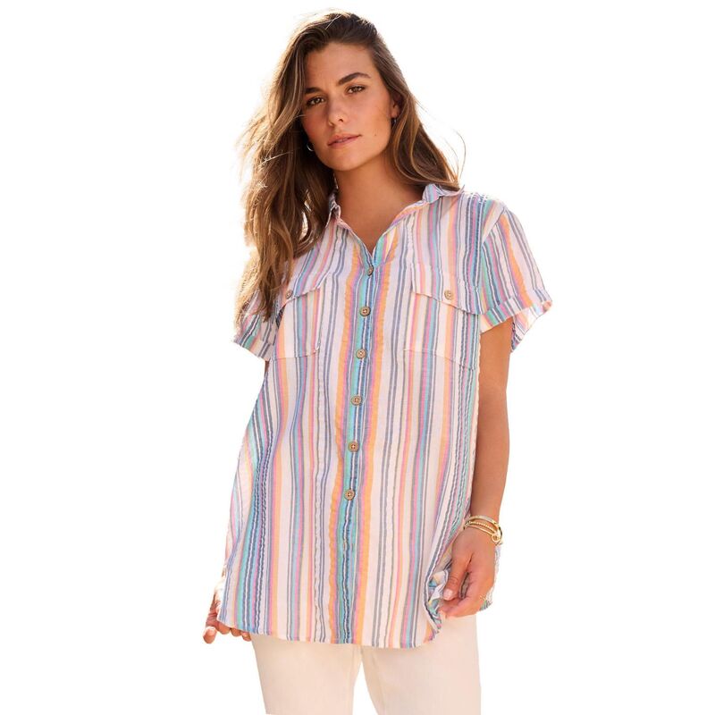 ロアマンズ レディース トップス ティーシャツ 付け加える大いさ Roaman\u0027s Women\u0027s Plusize Seersucker Shirt Multi Seersucker マルチ色合い トップス-レディースファッション-Tシャツ・カットソー