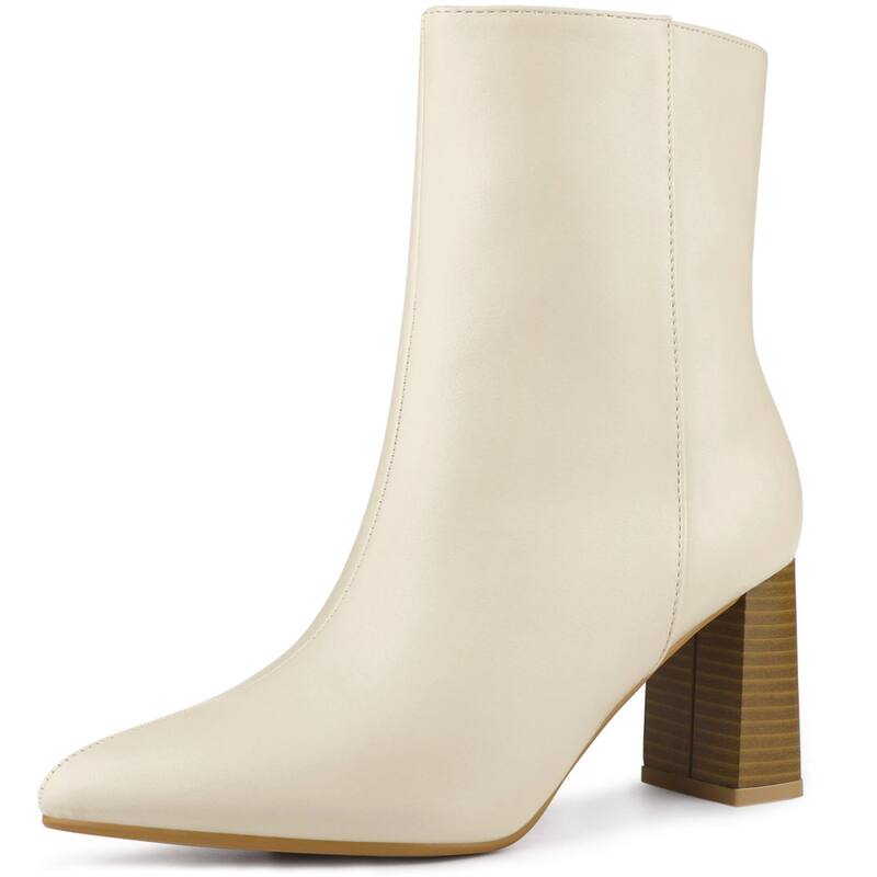 アレグラ ケー レディース シューズ ブーツ・レインブーツ アンクル ヒール ALLEGRA K Women's Chunky Heels Pointed Toe Ankle Boots Cream クリーム