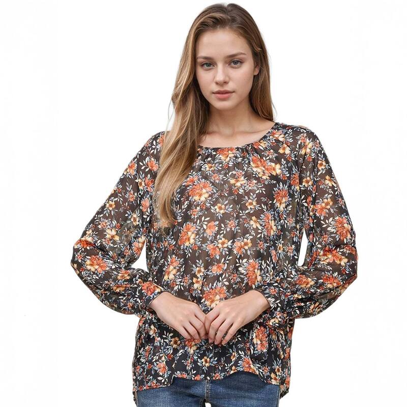 プレイオネ レディース トップス シャツ プリント シアー ブラウス Pleione Sheer Printed Blouse With Self-Tie Sleeve Black ブラック